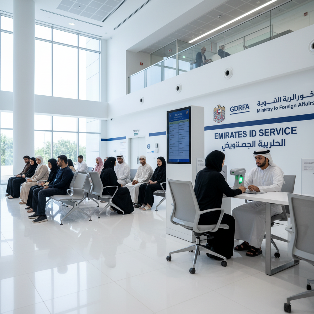 People seated in a modern Emirates ID service center with white interiors, where a man is being assisted at a counter under a sign for the GDRFA Ministry.
