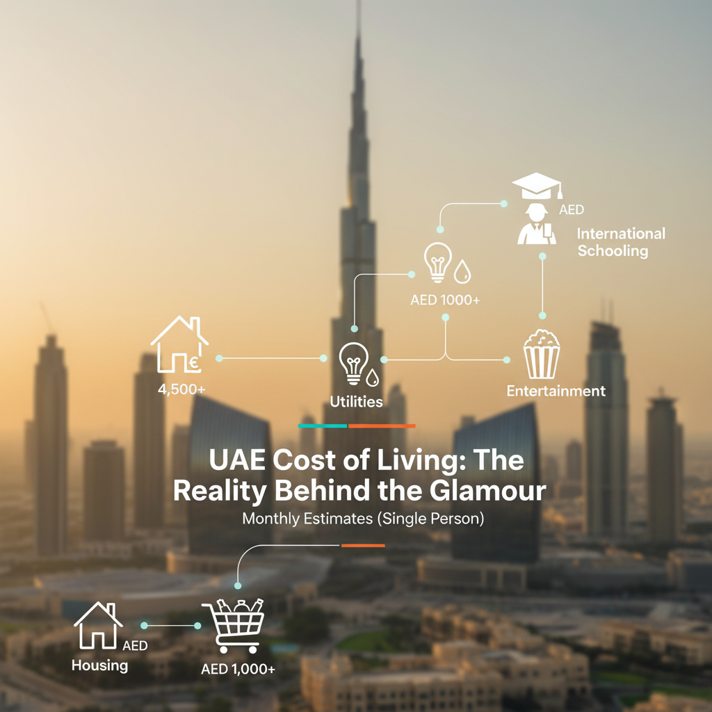 Infographic depicting the cost of living in the UAE with the Burj Khalifa in the background. Monthly estimates for a single person include housing at 4,500+ AED, utilities at 1,000+ AED, international schooling (amount not specified), and entertainment costs. The overlay highlights the "Reality Behind the Glamour" theme.