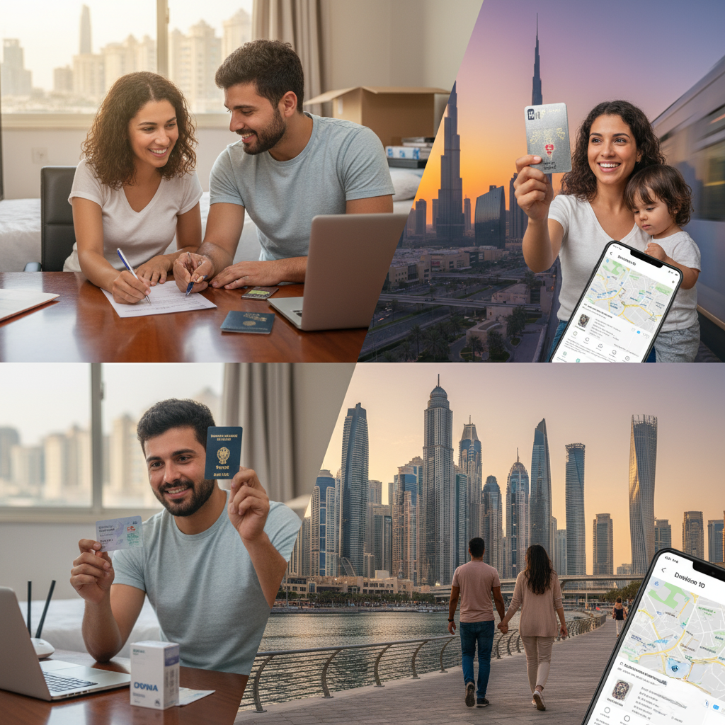 A collage showing a couple planning travel with documents, a woman with a child holding a card and phone in front of a cityscape, a man displaying an ID and passport, and a couple walking along a waterfront with a city skyline.