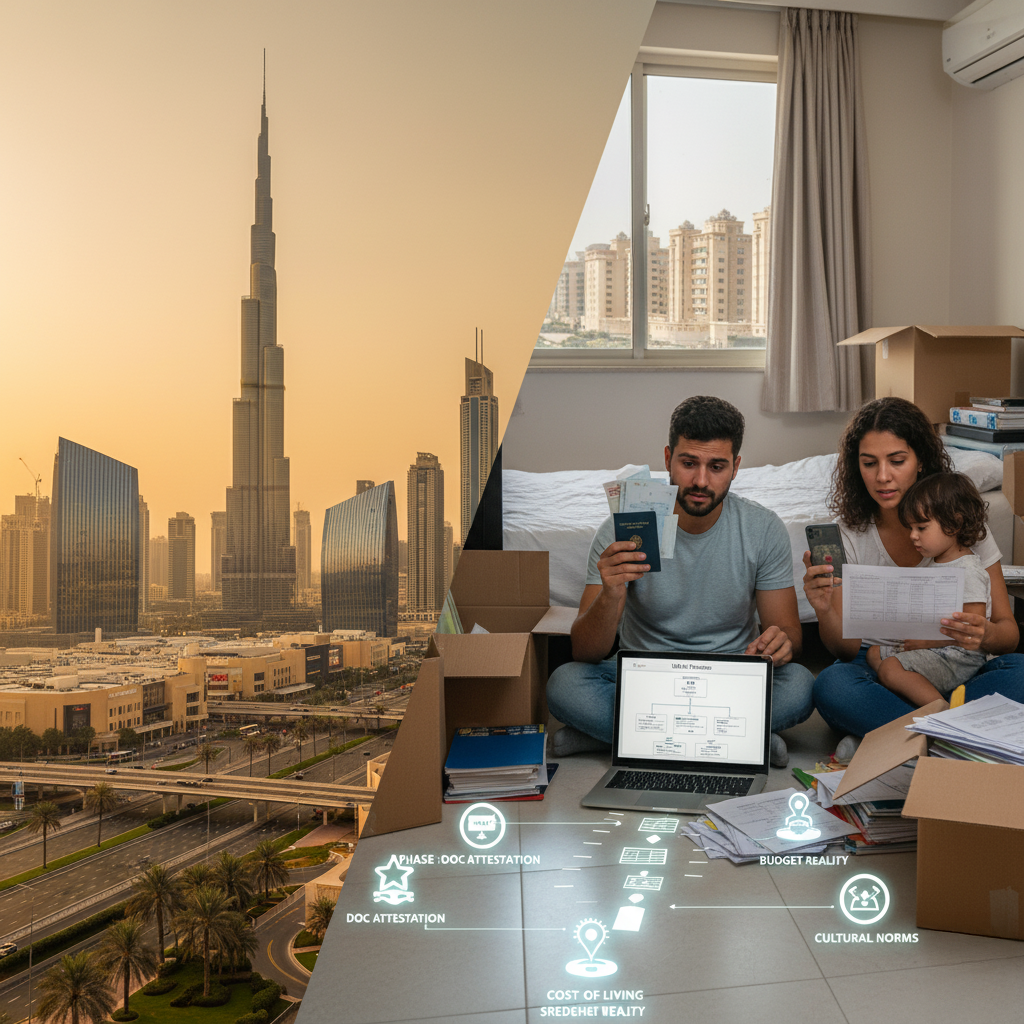 Composite image showing the Burj Khalifa and a family sitting among moving boxes, reviewing documents and passports, symbolizing relocation or immigration processes.