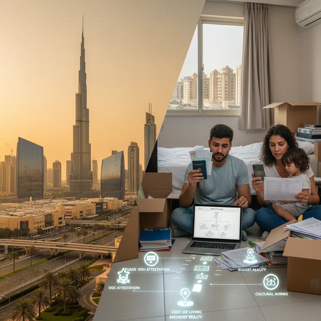 Composite image showing the Burj Khalifa and a family sitting among moving boxes, reviewing documents and passports, symbolizing relocation or immigration processes.