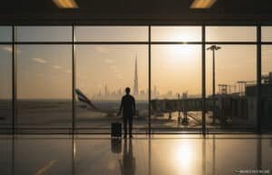 A person stands with a suitcase at an airport gate, looking out at an airplane and the Dubai skyline with the Burj Khalifa visible at sunset.