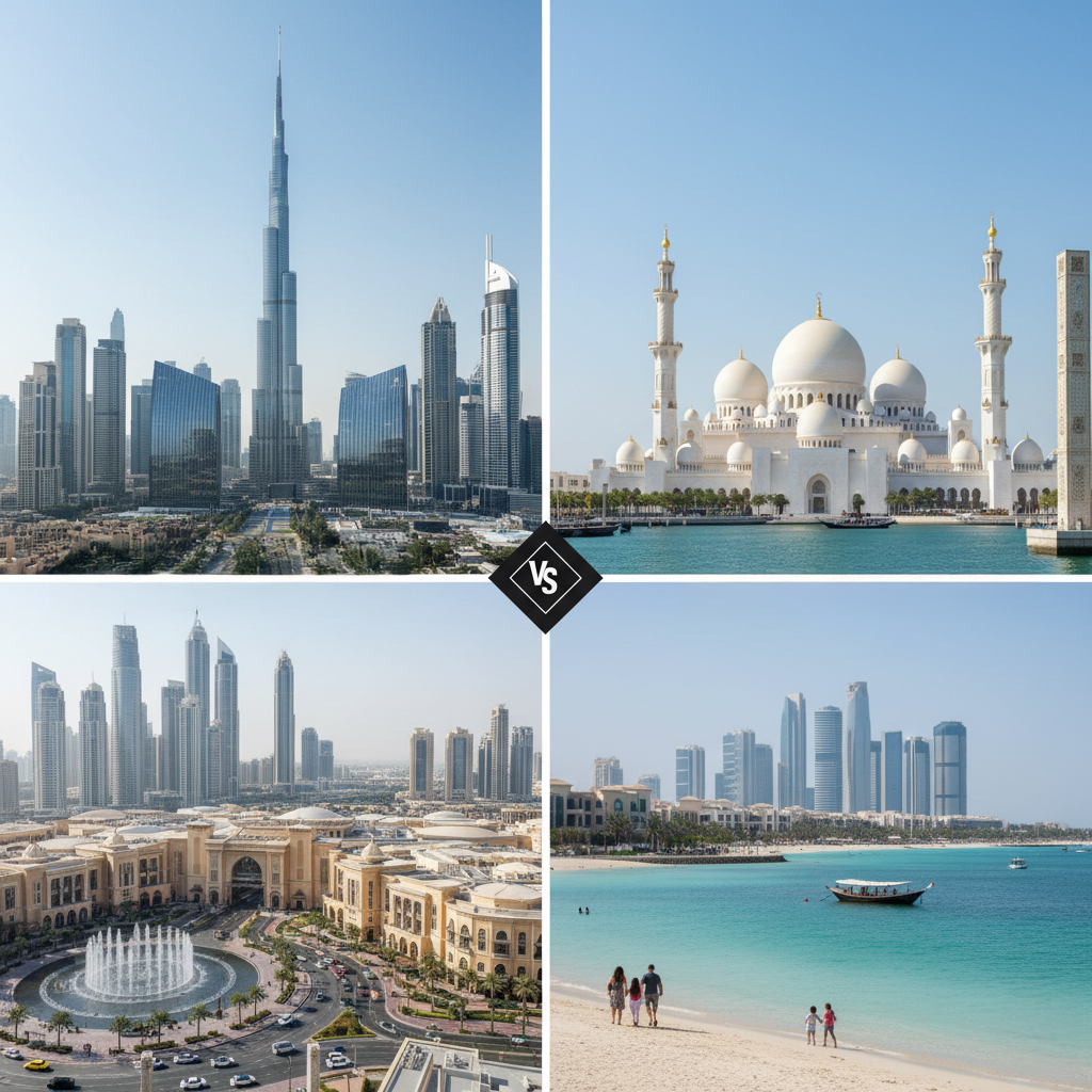 Four-image collage featuring cityscapes of Dubai and Abu Dhabi. Top left shows tall skyline with Burj Khalifa at the center. Top right displays the Grand Mosque with its domes and minarets near the water. Bottom left depicts a modern shopping area with a fountain in front. Bottom right shows a beach with a small boat, a family walking along the shoreline, and skyscrapers in the background.
