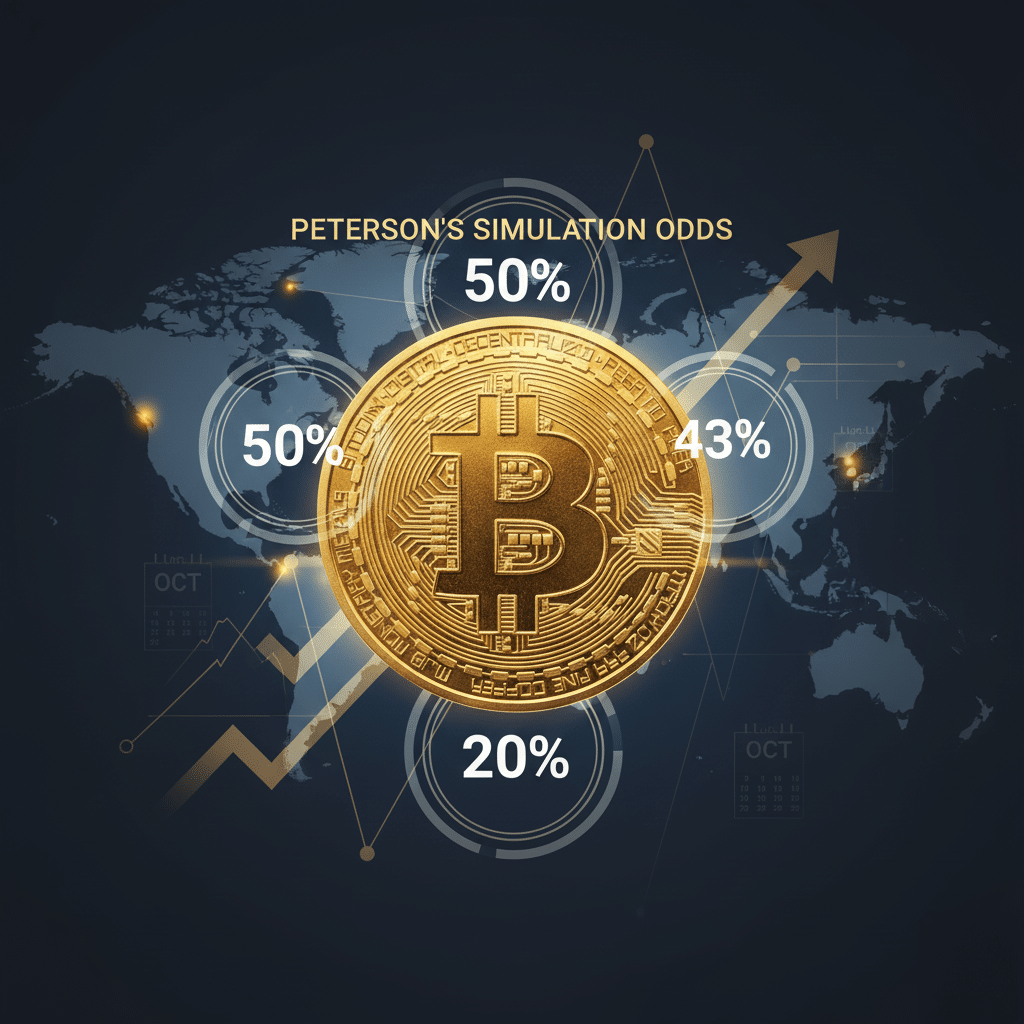 A digital representation of a bitcoin coin with percentages (50%, 43%, 20%) indicating simulation odds, overlaid on a world map with upward and downward graph lines, labeled 'Peterson's Simulation Odds.' This is in relation to the Bitcoin $140K prediction.