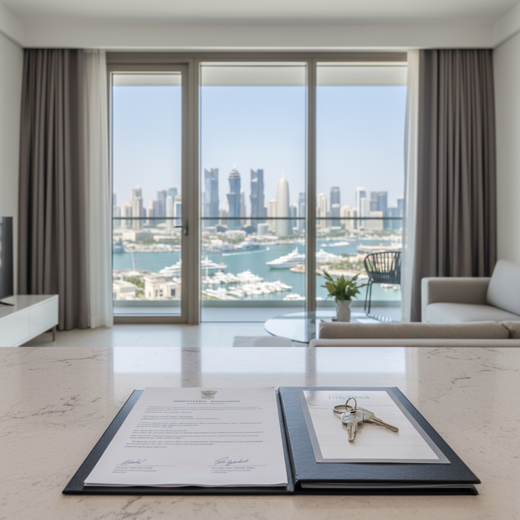 GCC Golden Visa: A modern living room with a view of a city skyline and marina through large glass doors. On the marble countertop in the foreground are a stack of papers and a set of keys, suggesting a real estate transaction. The room features minimalistic decor with a light gray sofa and a small table with a plant.