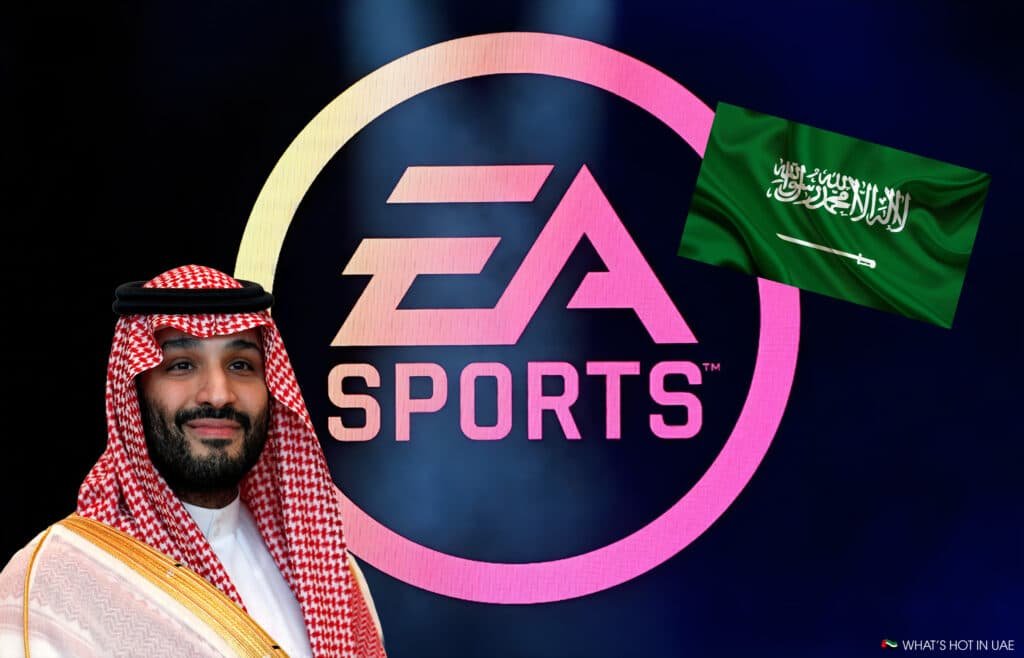 MBS wearing traditional Saudi attire is shown next to the EA Sports logo with a Saudi Arabian flag in the background.