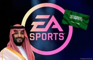 MBS wearing traditional Saudi attire is shown next to the EA Sports logo with a Saudi Arabian flag in the background.
