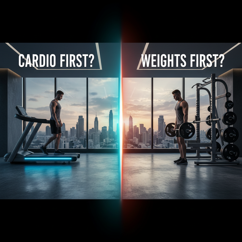 Structuring Your Workout: Split image showing a man on a treadmill on the left with the text 'Cardio First?' and a man lifting weights on the right with the text 'Weights First?', set in a modern gym with cityscape views through large windows.