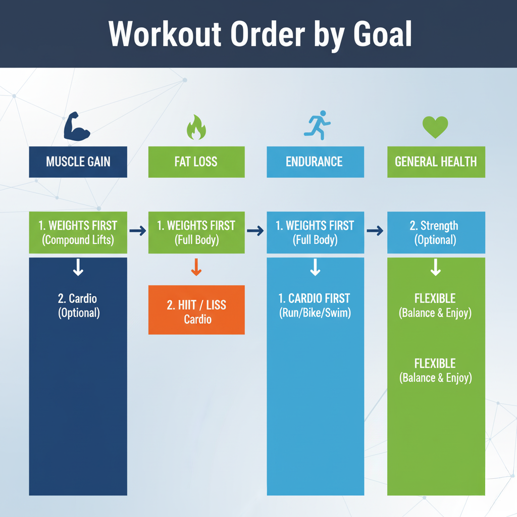 A chart titled 'Workout Order by Goal' showing different workout sequences for muscle gain, fat loss, endurance, and general health. For muscle gain, weights (compound lifts) are prioritized, with optional cardio. For fat loss, full-body weights are followed by HIIT/LISS cardio. For endurance, full-body weights are followed by cardio (run/bike/swim) first. For general health, strength training is optional and orders are flexible, suggesting balance and enjoyment.