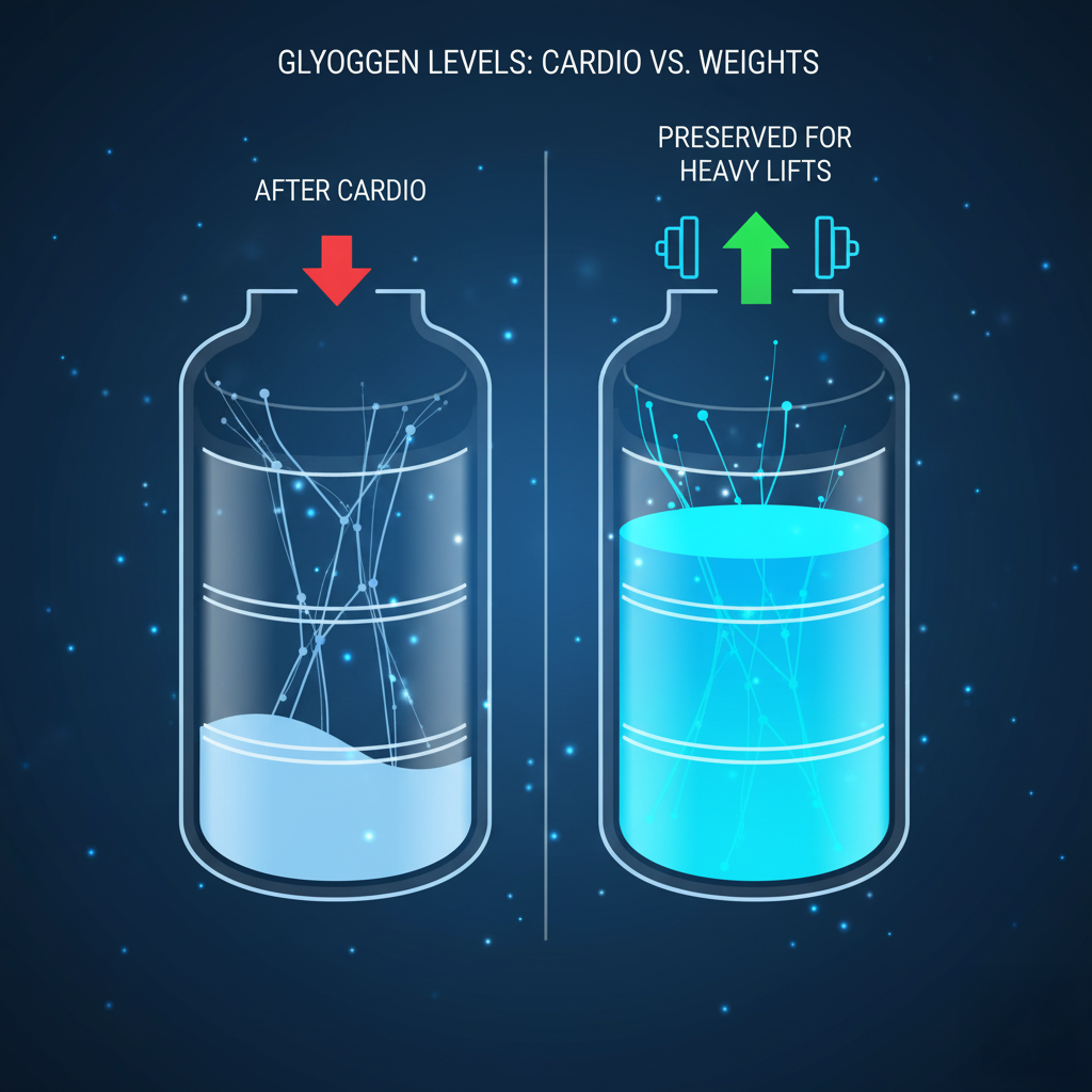Illustration comparing glycogen levels after cardio and heavy lifting. The left jar, labeled "After Cardio," shows a low level of liquid with a red downward arrow, indicating reduced glycogen. The right jar, labeled "Preserved for Heavy Lifts," displays a higher level of liquid with a green upward arrow and dumbbell icon, indicating preserved glycogen.