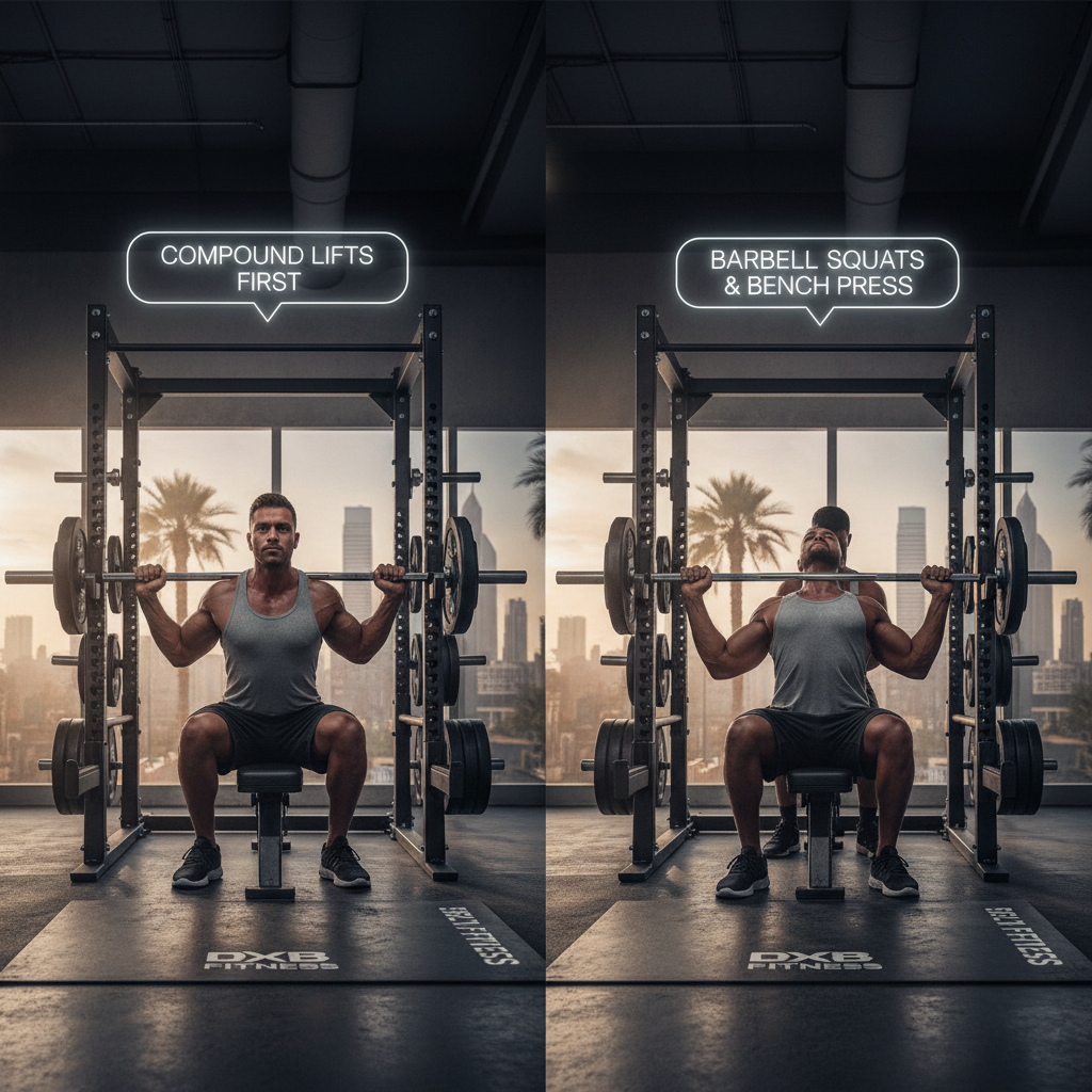 Structuring Your Workout: Two images of a person performing exercises in a gym with city skyline visible through the windows. On the left, the person is sitting with a barbell across their shoulders, with a speech bubble saying "Compound lifts first." On the right, they are performing a bench press with a speech bubble saying "Barbell squats & bench press." The gym has weight racks and the floor is marked with "DXB Fitness."