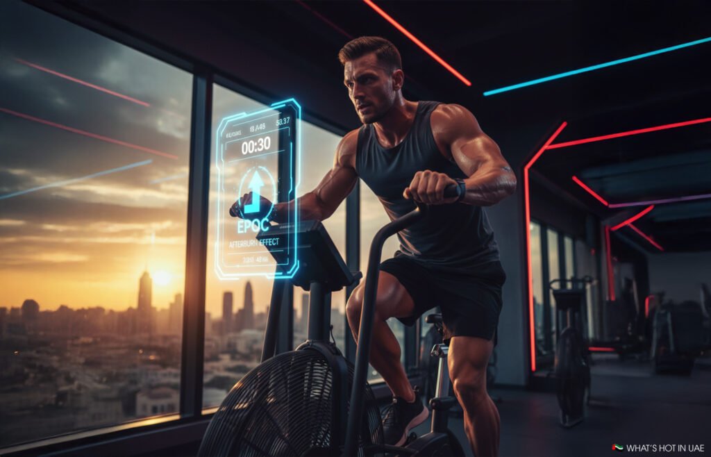 A man intensely working out on an exercise bike in a futuristic gym with a digital display showing metrics like 'EPOC Afterburn Effect.' The setting includes large windows with a city skyline at sunset.