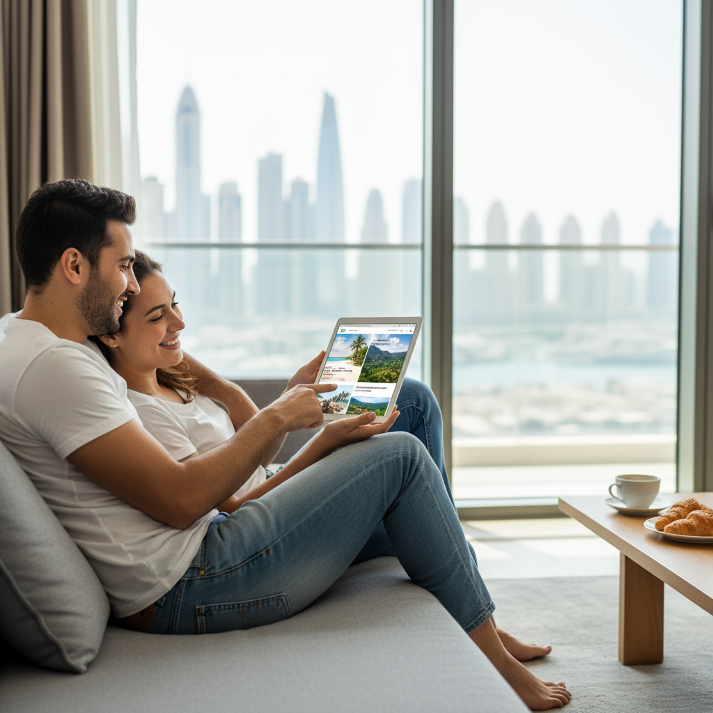 A couple sitting on a couch in a modern apartment, looking at travel destinations on a tablet, with a view of a city skyline in the background. A plate of croissants and a cup of coffee are on a table beside them.