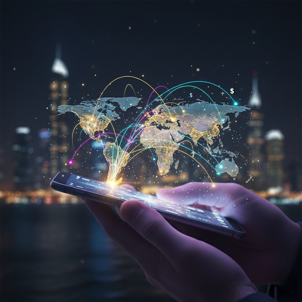 UAE Flight Booking: A person holding a smartphone with an illuminated digital world map above it, showing colorful lines representing global connections, with a blurred city skyline in the background at night.