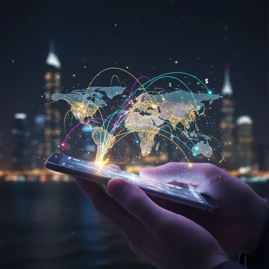 UAE Flight Booking: A person holding a smartphone with an illuminated digital world map above it, showing colorful lines representing global connections, with a blurred city skyline in the background at night.