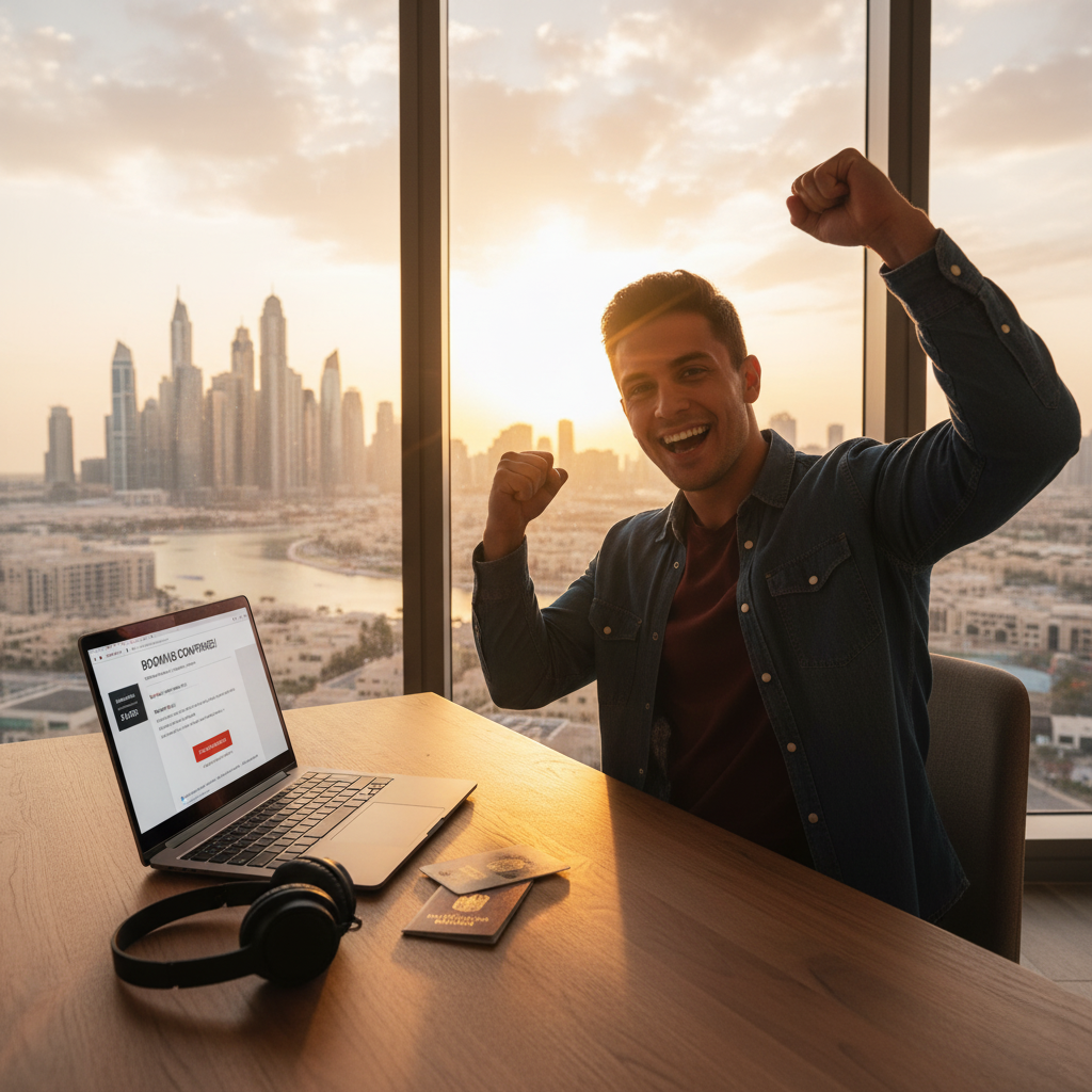 UAE Flight Booking: A man celebrates triumphantly with raised fists in front of a laptop showing a "Booking Confirmed" page. The setting is a modern room with a large window overlooking a city skyline at sunset. A passport and headphones are on the table beside him.