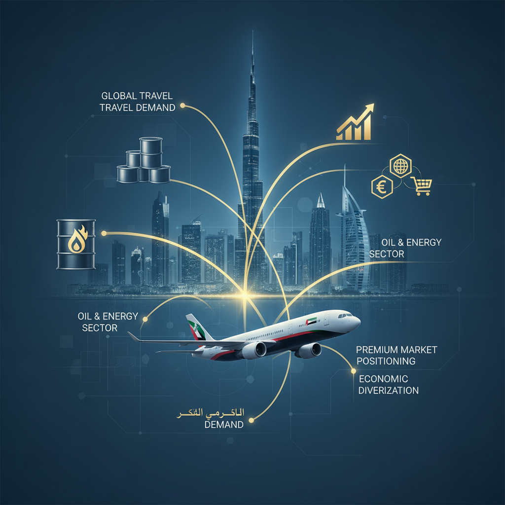 Infographic featuring an airplane flying over a city skyline with iconic skyscrapers. Various economic sectors, represented by icons, and key terms such as "Global Travel Demand," "Oil & Energy Sector," and "Economic Diversification" are highlighted, connecting to the airplane with lines, symbolizing interconnected industries.