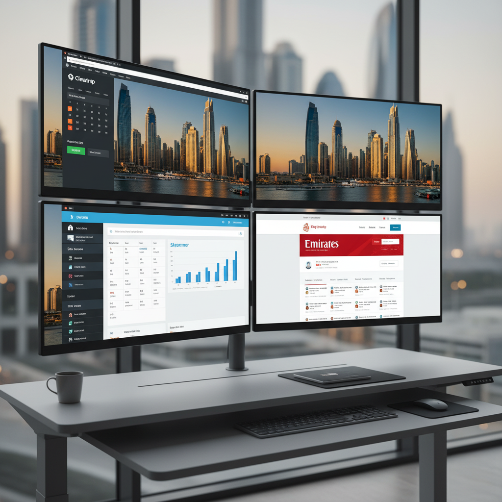 UAE Flight Booking: A modern office desk setup with four large monitors displaying various screens, including a city skyline at sunset, a data analytics dashboard with graphs, and a website homepage. The desk also features a laptop, a keyboard, a mouse, and a cup, with a cityscape visible through the large windows in the background.