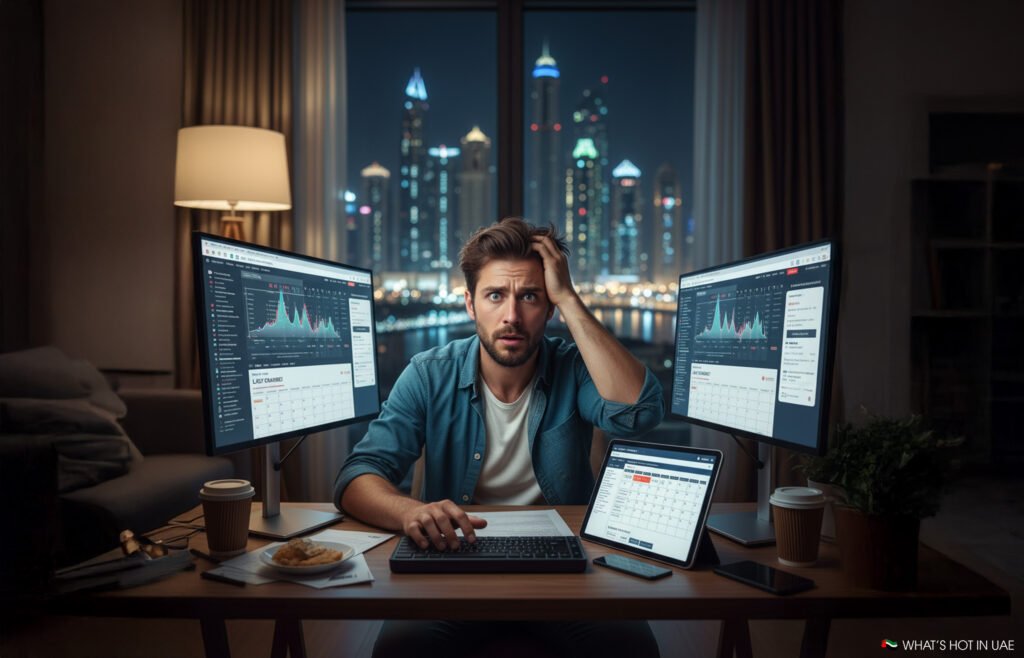 A man sitting at a desk with a laptop and two monitors displaying charts, looking stressed while holding his head with one hand; the background shows a night cityscape with illuminated skyscrapers. A takeaway coffee cup and a plate with a snack are on the desk.