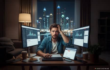 A man sitting at a desk with a laptop and two monitors displaying charts, looking stressed while holding his head with one hand; the background shows a night cityscape with illuminated skyscrapers. A takeaway coffee cup and a plate with a snack are on the desk.