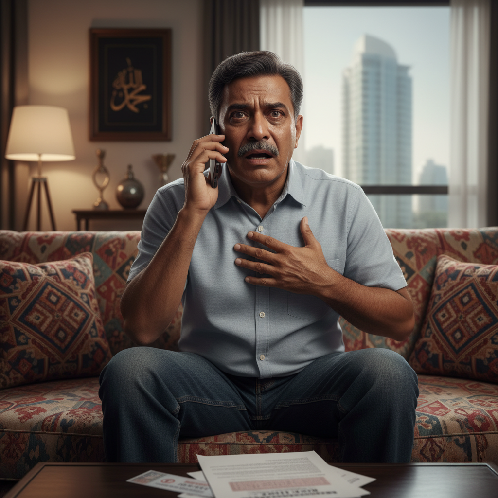 A man with a concerned expression is seated on a patterned sofa, holding a phone to his ear with one hand and his chest with the other. In front of him are documents on a coffee table, and behind, a window reveals a cityscape including a tall building. The room is warmly lit with decorative items and artwork in the background.