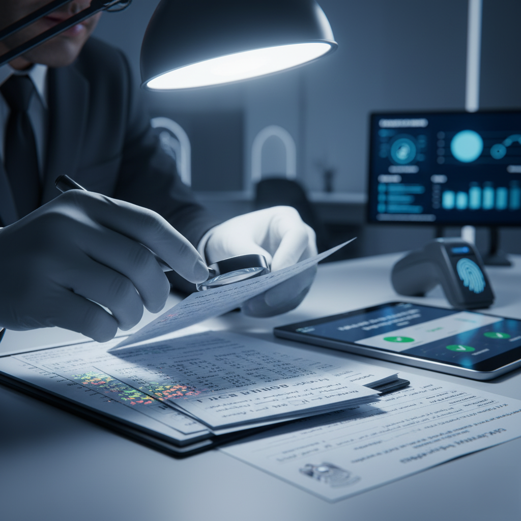 A person wearing gloves examines a document with a magnifying glass under a desk lamp, surrounded by various documents and electronic devices displaying graphs and data.