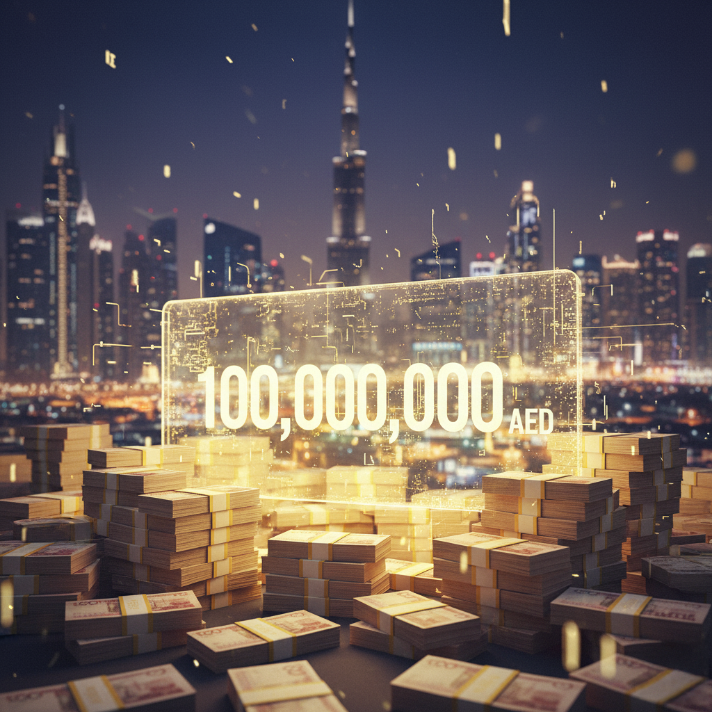 Tall skyscrapers in a nighttime cityscape with a digital display showing "100,000,000 AED" above stacks of bundled banknotes.