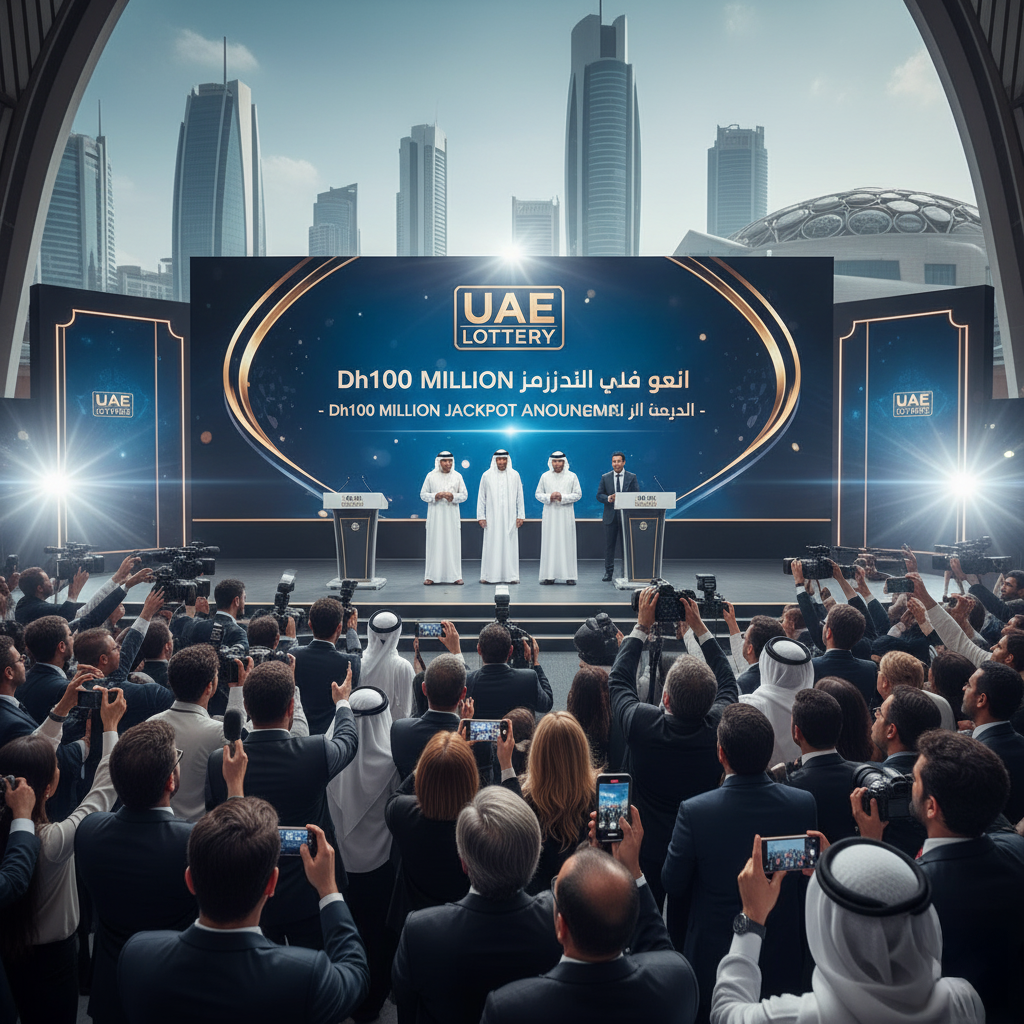 A press conference in Dubai featuring three men in traditional Emirati attire standing on stage under a large sign that reads 'UAE Lottery' and 'Dh100 Million Jackpot Announcement' in both Arabic and English, surrounded by a crowd of journalists taking photos and notes, with the city skyline in the background.