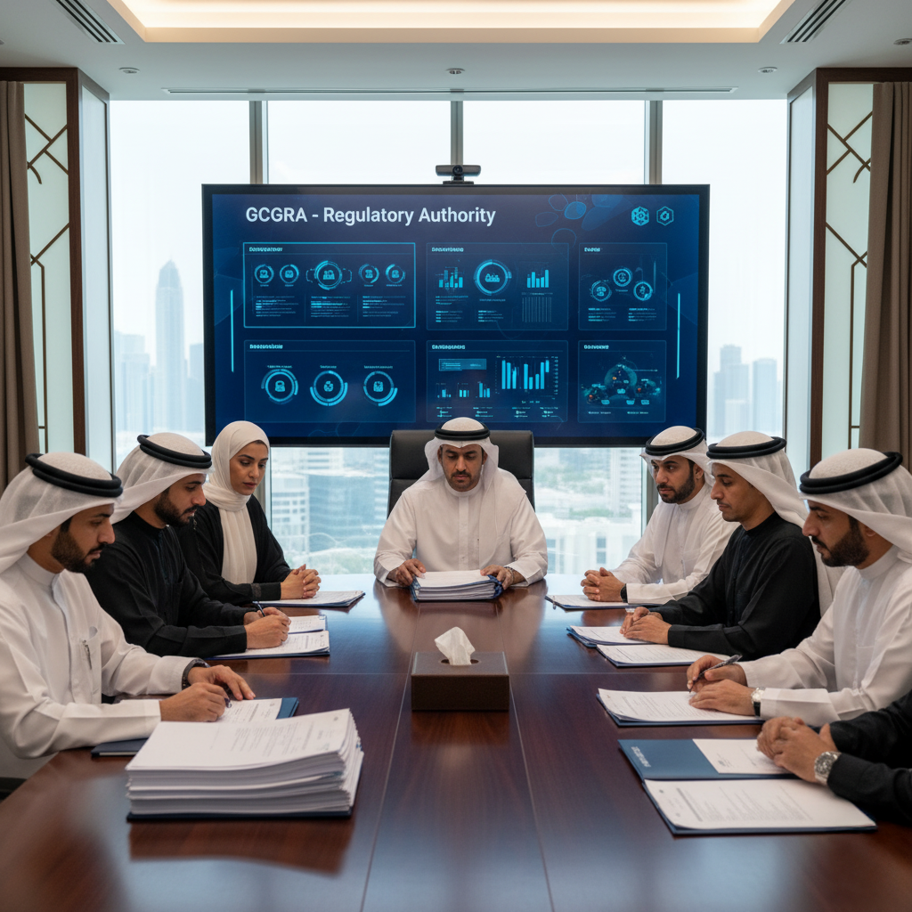 A group of seven individuals in traditional Middle Eastern attire sit around a large conference table during a meeting, with documents and presentations in front of them. A digital screen labeled 'GCGRA - Regulatory Authority' displays graphs and charts in the background, while a city skyline is visible through the window behind them.
