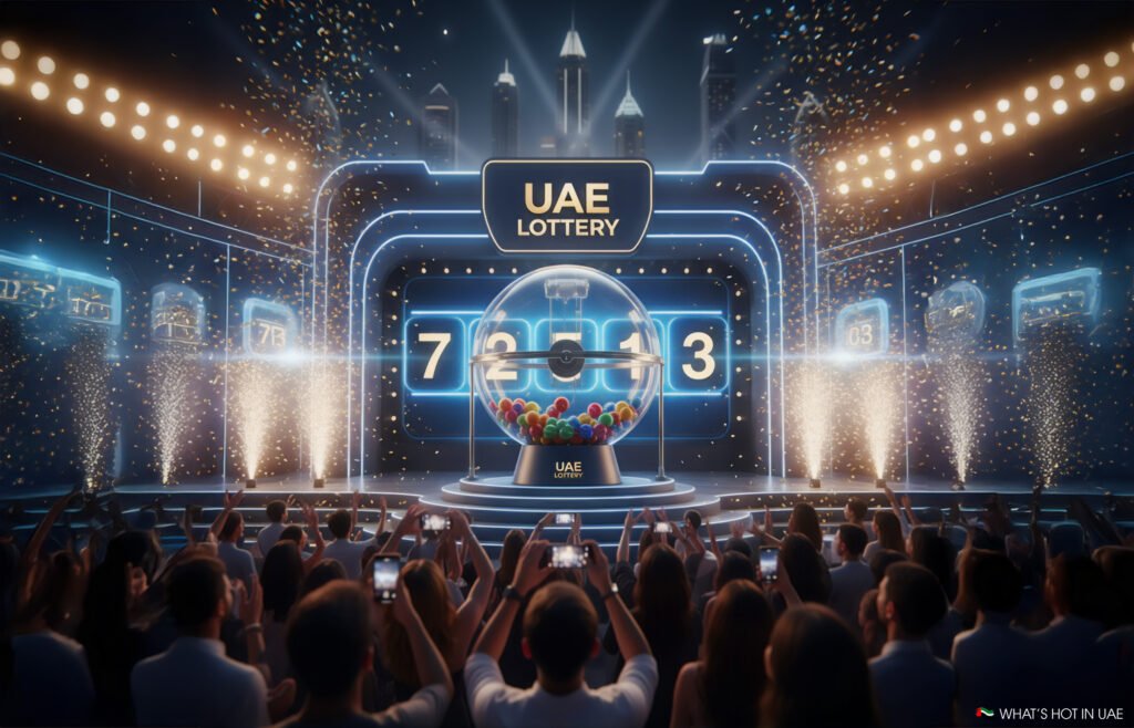 UAE Lottery Winner: The Dh100 Million Jackpot A stage with a large transparent lottery drum filled with colorful balls, displaying the numbers 7213. The stage is adorned with bright lights, surrounded by an enthusiastic audience taking photos, and the backdrop is labeled 'UAE Lottery' with city skyscrapers in the distance.