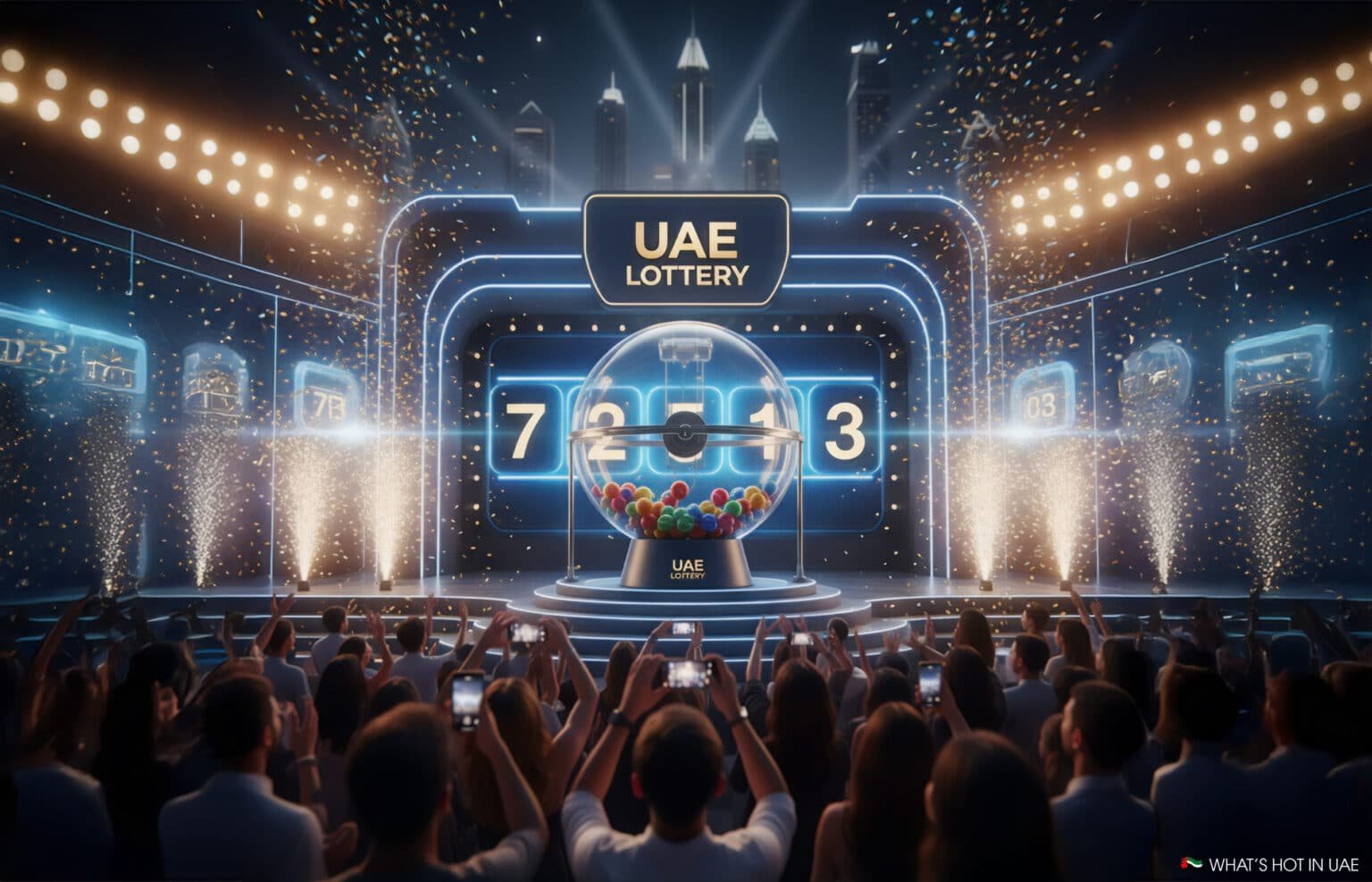 A stage with a large transparent lottery drum filled with colorful balls, displaying the numbers 7213. The stage is adorned with bright lights, surrounded by an enthusiastic audience taking photos, and the backdrop is labeled 'UAE Lottery' with city skyscrapers in the distance.