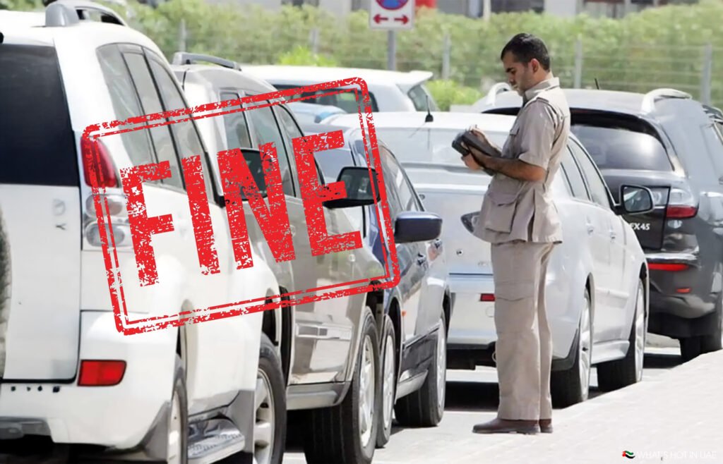 A parking enforcement officer in uniform writing a ticket for a parked car, with the word "FINE" superimposed in bold red letters across the image.
