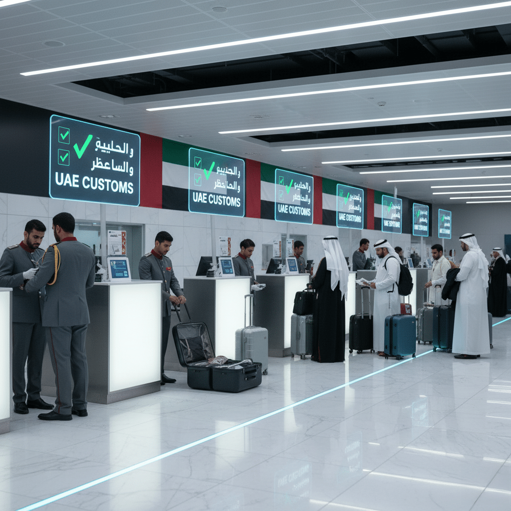 People at a UAE customs checkpoint in an airport, with several travelers in traditional and modern clothing presenting documents to customs officers behind counters. Luggage is visible, and overhead signs display 'UAE Customs' in English and Arabic. UAE travel regulations.