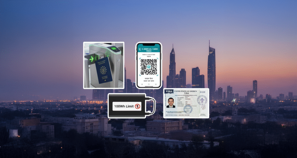 A collage of travel-related images overlaying a cityscape at dusk. Elements include a European passport being scanned at an e-gate, a mobile phone displaying an Indian e-Arrival card with a QR code, a power bank with a '100Wh Limit' label, and a U.S. visa document featuring a photo and details.