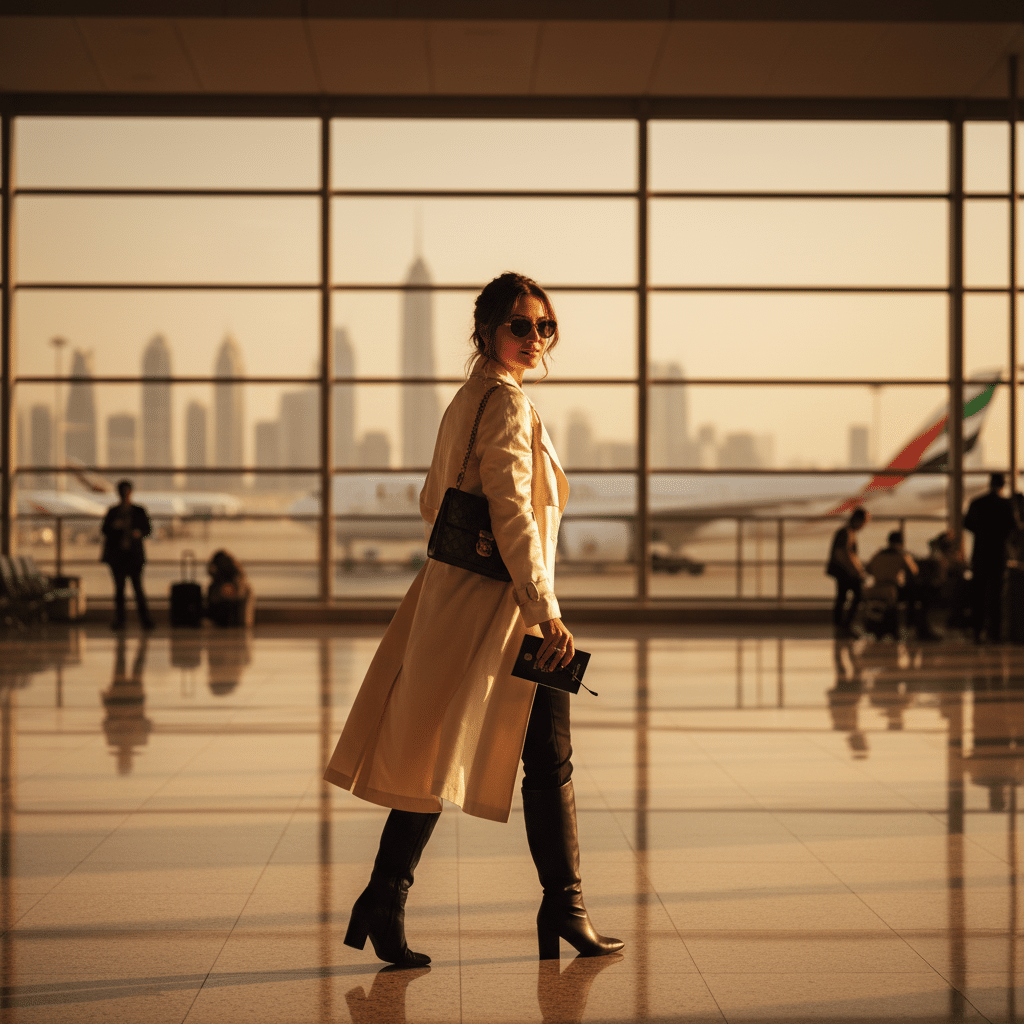 A woman in a long coat, sunglasses, and carrying a handbag, walks through a sunlit airport terminal with city skyscrapers visible through the large windows in the background. UAE travel regulations.