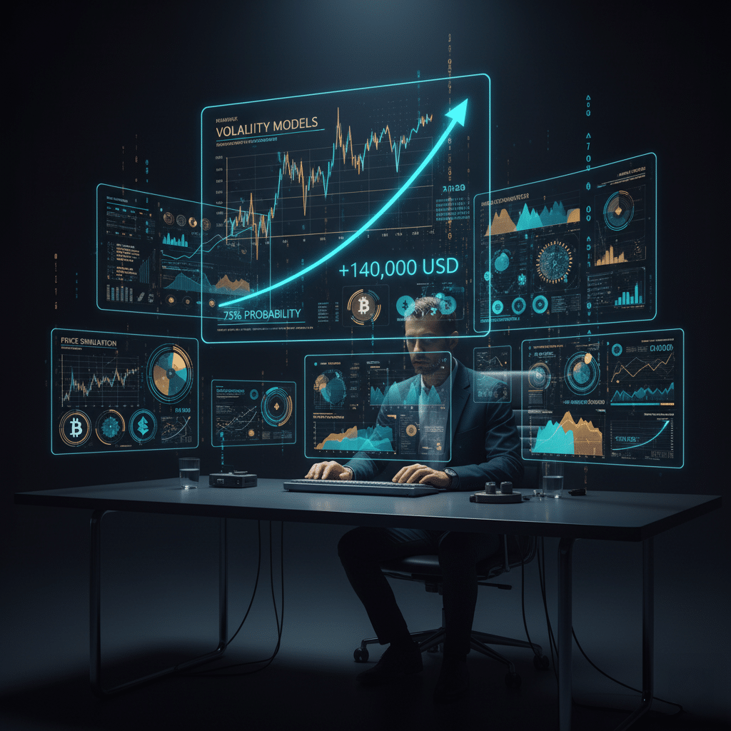A person in a suit sits at a desk surrounded by multiple transparent digital screens displaying cryptocurrency market data, graphs, and charts with a prominent upward trend, suggesting a focus on volatility models and price simulations.