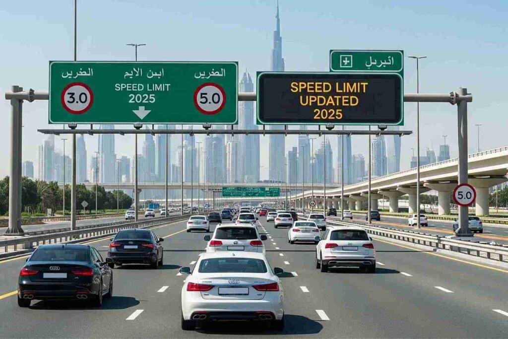 UAE traffic law: A busy multi-lane highway in Dubai with a large electronic road sign displaying 'Speed Limit Updated 2025' accompanied by other informational signs. The city skyline, including the Burj Khalifa, is visible in the background.