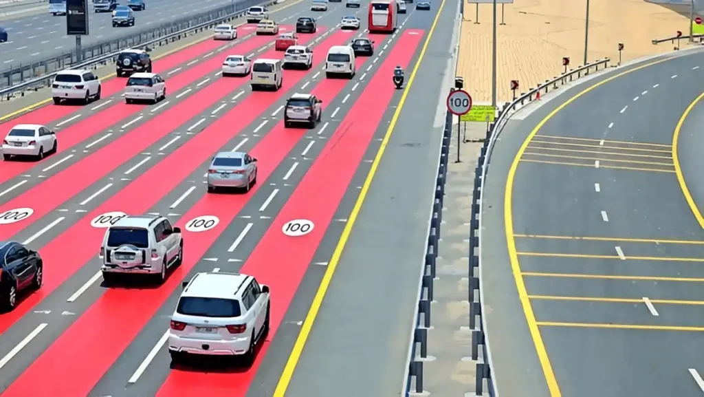 A busy highway featuring multiple lanes marked with red paths and white speed limit indicators showing '100'. Several cars are driving on the colorful lanes, with a motorcycle and a bus also visible. A speed limit sign and directional road signs are placed on the right side of the highway.