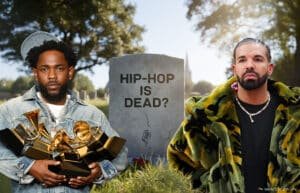 A man on the left holds several Grammy awards, dressed in denim with a backdrop of a cemetery. Another man on the right, wearing a camouflage coat and necklace, stands near a tombstone with the inscription 'HIP-HOP IS DEAD?' with trees and a church visible in the background.