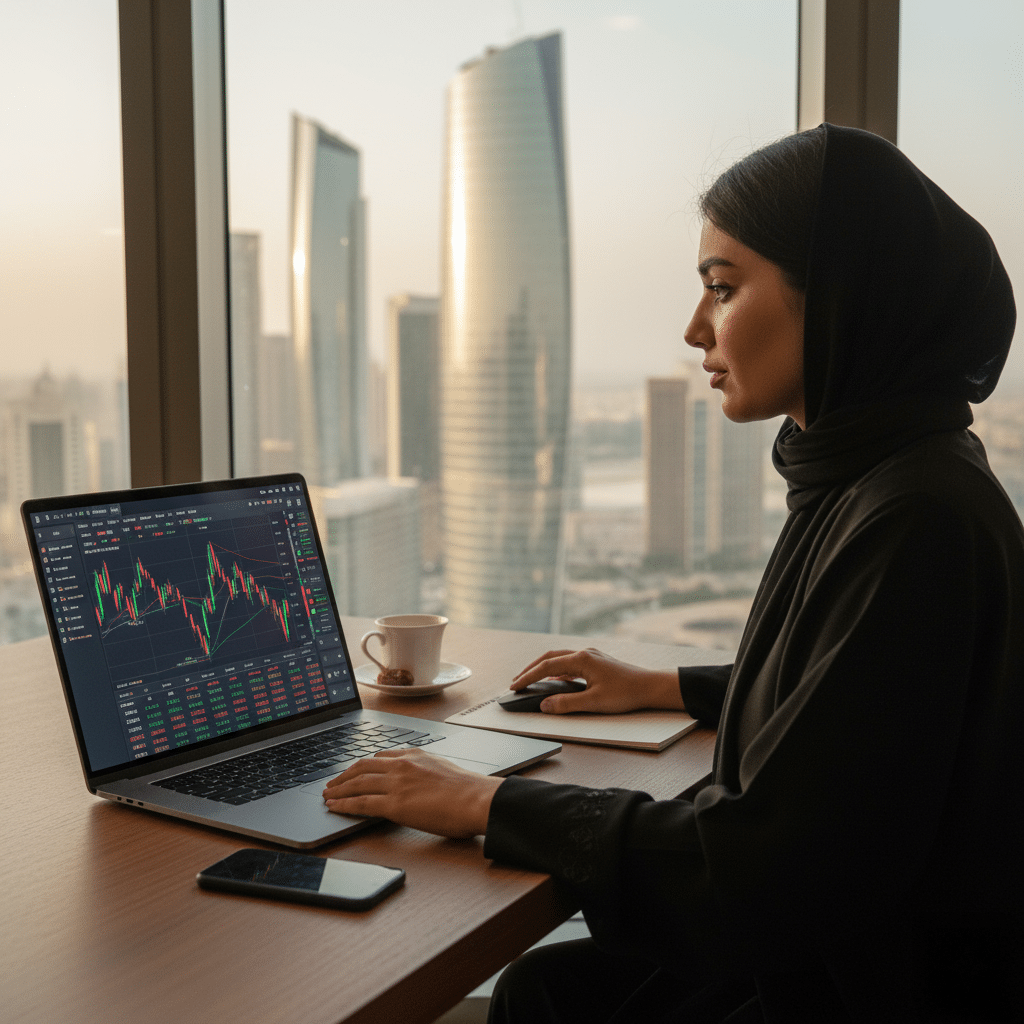 A woman in a hijab working on a laptop displaying stock market charts, with a smartphone and a cup of coffee on the table, set against the backdrop of a city skyline with modern skyscrapers.