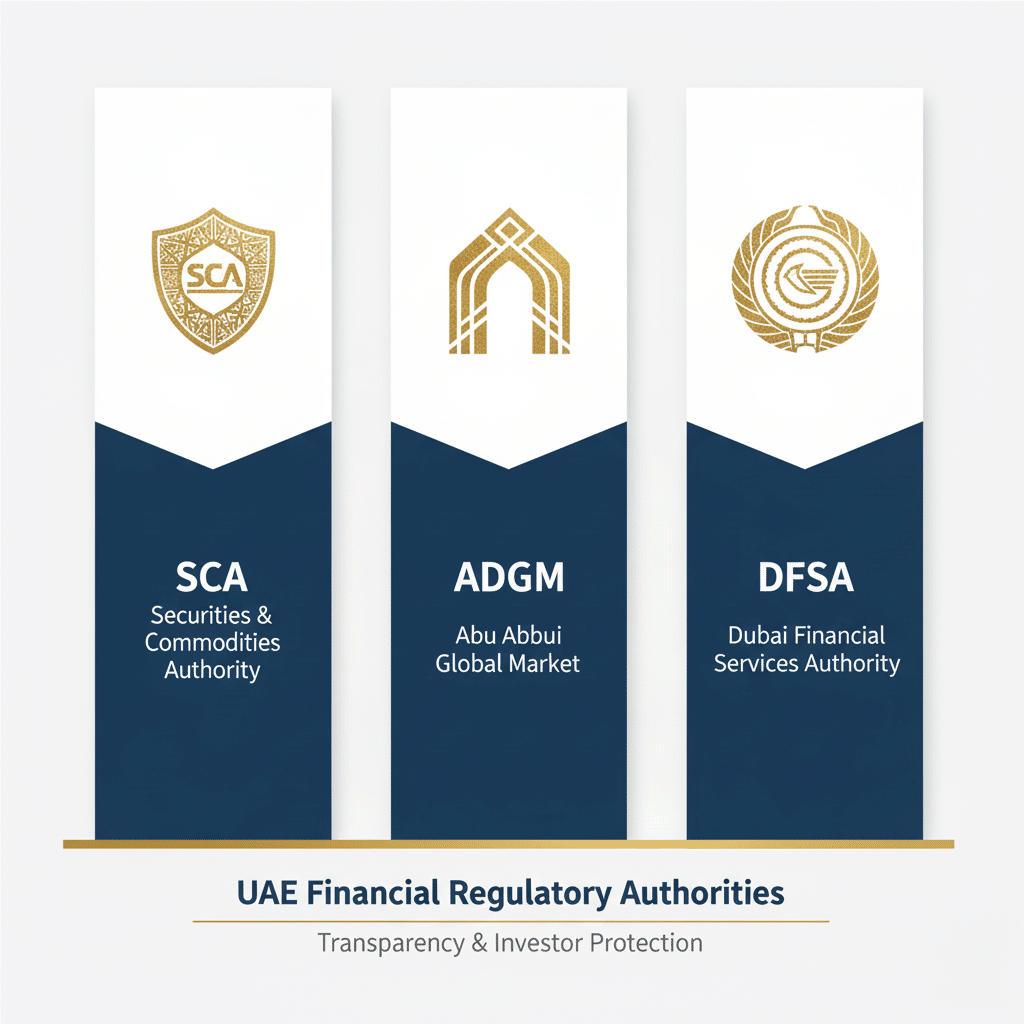 The 6 Best Trading Platforms in Abu Dhabi: An infographic displaying three pillars representing the UAE Financial Regulatory Authorities: SCA (Securities & Commodities Authority), ADGM (Abu Dhabi Global Market), and DFSA (Dubai Financial Services Authority). Each pillar includes the respective authority's logo and name. The bottom of the infographic reads 'Transparency & Investor Protection.'