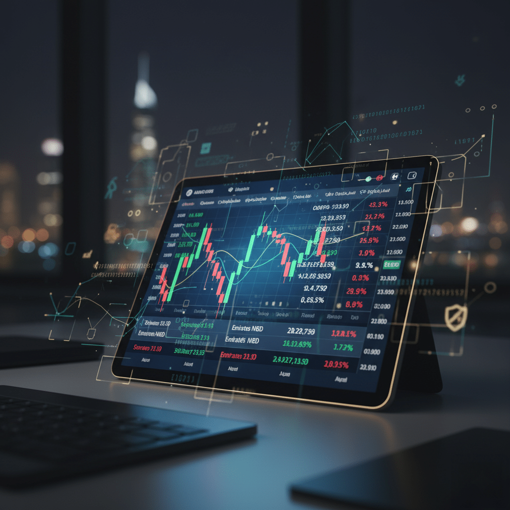 A tablet displaying a complex stock market chart with various data points and indices, set on a desk with a city skyline visible through a window in the background.