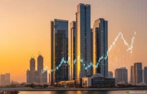 City skyline at sunset with modern skyscrapers and superimposed financial graphs depicting market trends.