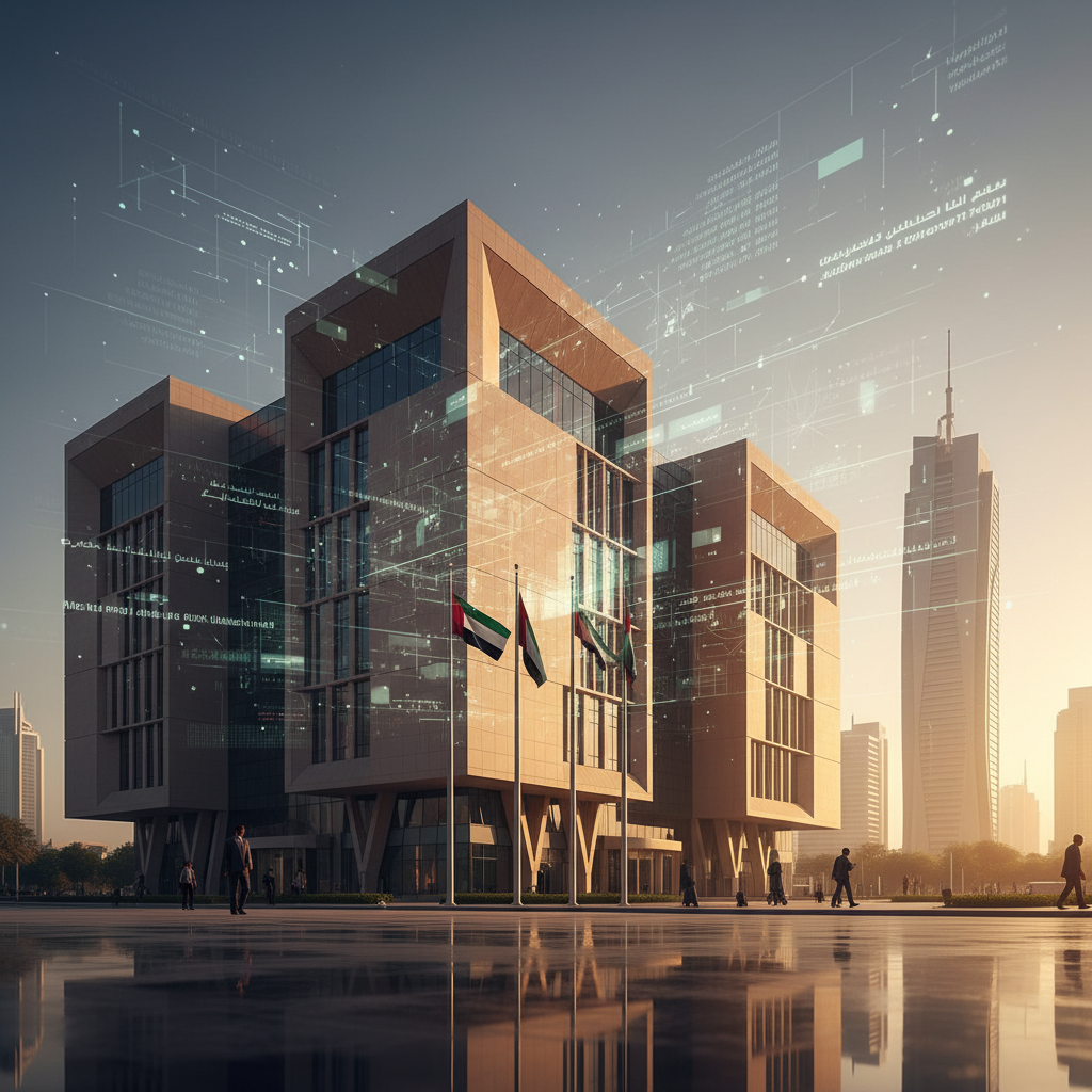 UAE's New Financial Law: A modern building with a geometric design, featuring three glass and concrete structures, stands in a cityscape. United Arab Emirates flags are displayed prominently in front of the building. Digital overlays and data elements are visible in the sky above the structures, suggesting a technological theme. The foreground includes a glossy reflection on a pavement and a few people walking around.