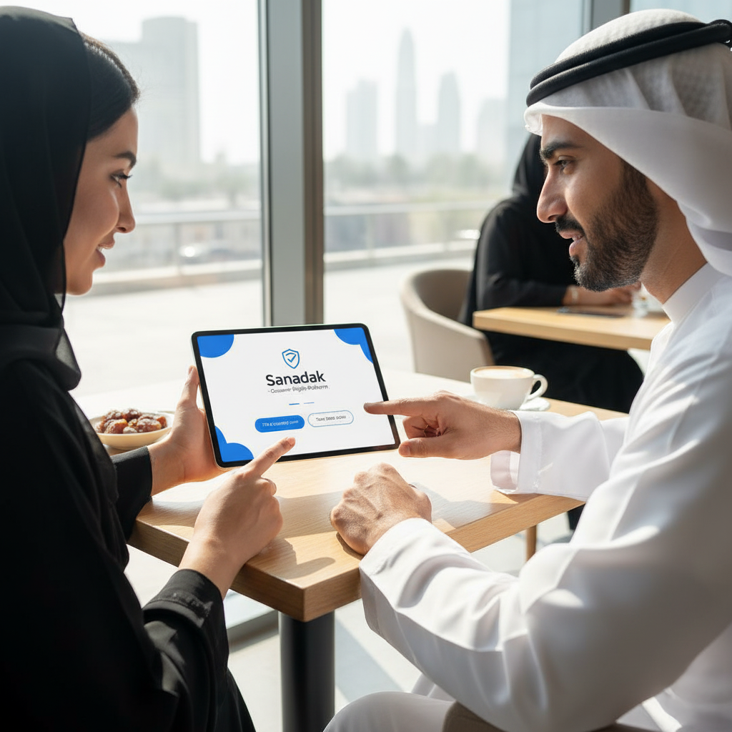 UAE's New Financial Law: A man and woman dressed in traditional Middle Eastern attire are sitting at a table in a modern cafe, looking at a tablet screen displaying "Sanadak - Customer Signup Platform." The cafe has large windows with a cityscape view in the background. The man's finger is pointing at the tablet, while the woman holds it, both appearing engaged in discussion.