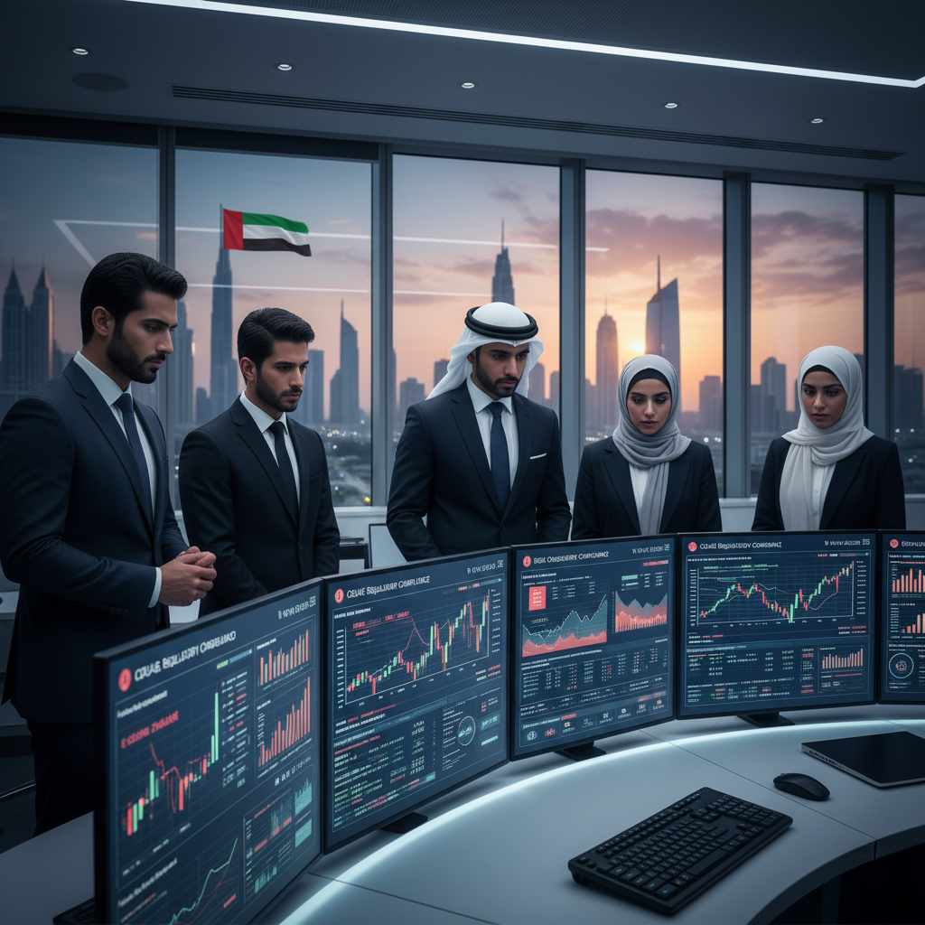 A group of business professionals in formal attire examining financial data on multiple computer screens in a modern office overlooking a city skyline with a UAE flag visible in the background during sunset.