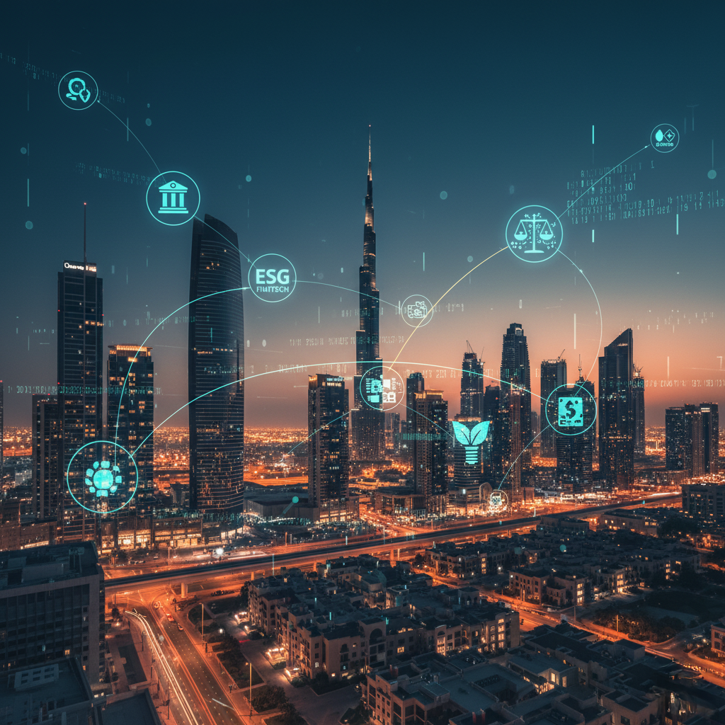 UAE's New Financial Law: Cityscape at dusk with futuristic digital graphics overlay, including icons and lines symbolizing connectivity and technology, against a backdrop of illuminated skyscrapers.