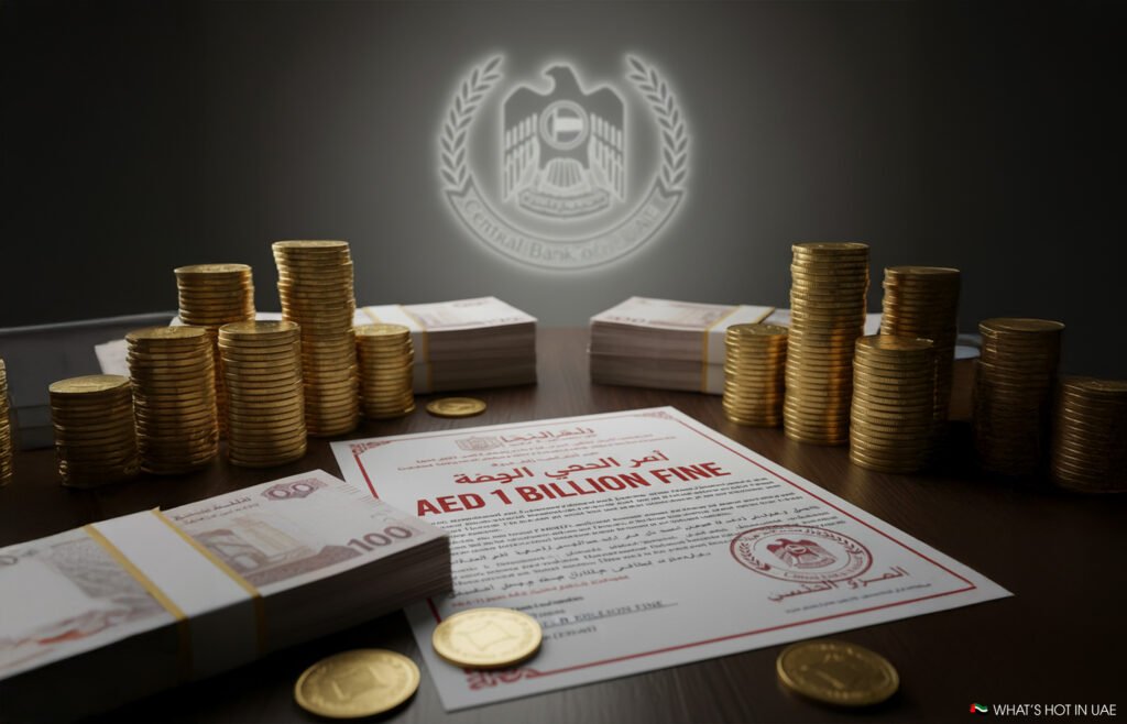 A desk with stacks of gold coins and bundles of currency next to a document labeled "AED 1 Billion Fine," with the Central Bank of the UAE emblem visible in the background.