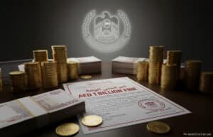 A desk with stacks of gold coins and bundles of currency next to a document labeled "AED 1 Billion Fine," with the Central Bank of the UAE emblem visible in the background.