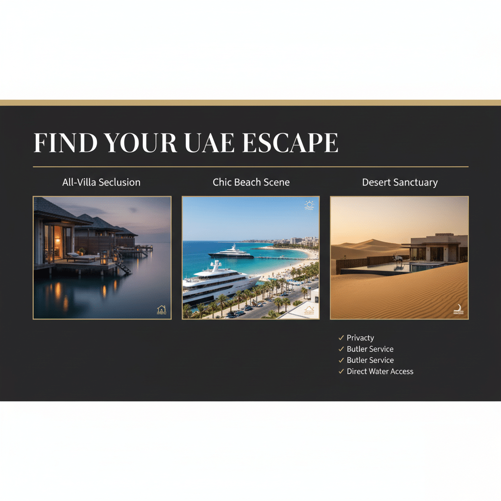 A promotional image titled 'Find Your UAE Escape' featuring three luxury vacation options: "All-Villa Seclusion" with overwater villas, "Chic Beach Scene" with a beachside view and yachts, and "Desert Sanctuary" with a villa amidst sand dunes. Each option highlights privacy, butler service, and direct water access.